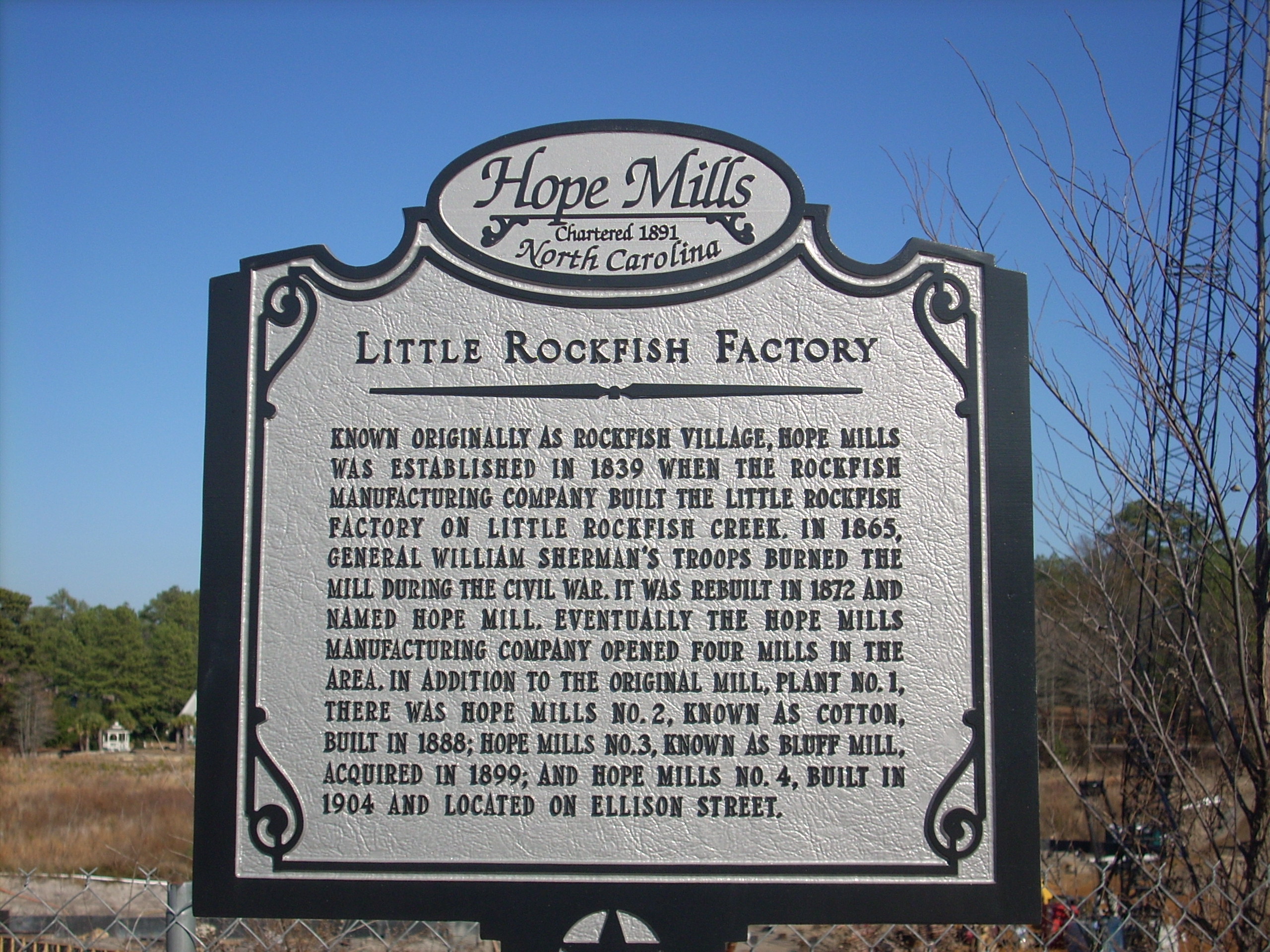 Historical marker along Hope Mills Lake